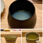 鮨 めい乃 - しじみ汁 宍道湖より
      採れた時にだけしか入らない希少なしじみを使われています。
      肝臓に良さげです(⌒-⌒; )
      右下はミントグリーンティー、女性らしさが出ています。
      左下は緑茶。