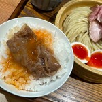 あいだや - 味玉つけめん(チャーシュー(豚肩・豚バラ・鴨)、味玉入り)、黒毛和牛サーロインご飯