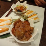 23636018 - 【前菜】　タコと長芋の柚子胡椒和え、雲丹焼き棒はんぺん、塩辛ポテト焼き