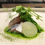 馳走西健一 - ・泳がせアジ、マリネ風 レッドオニオン、菜の花のソース、菜の花、ペコロス、豆の葉