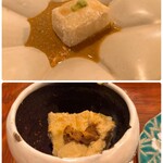 博多炉端 魚男 - お通しの焼き胡麻豆腐＆とうもろこしのムースと生雲丹