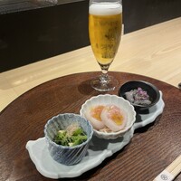 赤坂 鮨大谷 - 前菜三種  (なまこもずく酢、ぶりの大根巻きカラスミ味噌掛け、壬生菜と薄揚げのお浸し）