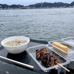 唐戸市場タケショー - ふく汁、イイダコ串、厚焼き玉子