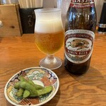 Menya Tsukushi - キリンクラッシックラガー中瓶、サービス枝豆