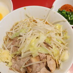 ラーメン二郎 - 汁なし半分＋ニンニク少し＋青ネギ玉子