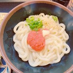 さか枝うどん - 僕は席に着いて、うどんを見た。
白い麺に黄色いバターと赤い明太子が色鮮やかだった。