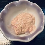 すずのあん - 姫路前獲れのカワハギの削ぎ切りの刺身に肝のタタキの前菜