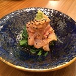 土と青 - 白身魚のあん肝ワサビ和え