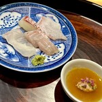 一心鮨 光洋 - ❸お造り（真鯛、平目、九絵、縁側）、肝黄身酢＋酢飯