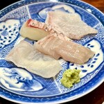 一心鮨 光洋 - ❸お造り（真鯛、平目、九絵、縁側）、肝黄身酢＋酢飯
