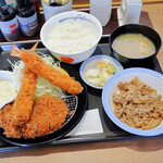 松のや - 料理写真:ロースかつ&海老フライ定食、松屋の牛皿並盛、松屋のお新香