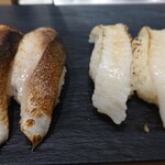 Sushi Uogashi Nihonichi - 炙りしめ鯖（塩レモン）、炙りえんがわ（塩レモン）