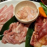 焼肉家かねよし - タレ漬け牛カルビ、トントロ、鶏セセリ、豚ホルモン