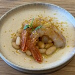 La Stalla - 北海道の羽幌沖赤海老、オリーヴオイルマリネ、イタリアのいんげん豆煮出し、からすみ