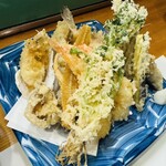 Maruyama - せり、やなぎがれい、牡蠣、海老、ヤリイカ、目光、マダラ白子、まいたけ、なす