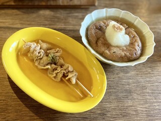 Mori Meshi - 箱根おでん
                        ・大山どりの鶏かわ串2本
                        ・がんも