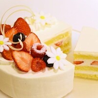③色鮮やかな盛付けのかわいく洗練された季節フルーツのケーキ／口どけのよい生クリームと繊細なスポンジ