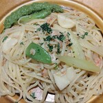 CINQUE IKARIYA - 桜エビと春野菜のアーリオ・オーリオ。菜の花ソテーを添えて。