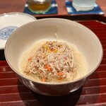 廣澤 - ⑧せこ蟹(北海道産)身&内子&外子、ビーフン敷き、白湯スープ添え、削り黄柚子皮掛け