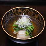 よし町 - 2024.3 常陸国天然まがも椀（稲敷市産網捕りまがも、大根、紅菜苔、せり、うど、白髪葱）