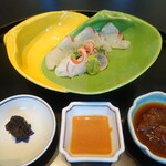 Kyouto Kicchou - 鯛といかのお造り、昆布醤油、鮟鱇の肝たれ、ちり酢