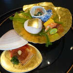 京都 吉兆 - よもぎの胡麻和え、ごり、車海老、空豆、穴子トマトジュレ