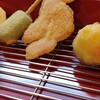 おばんざい 串かつ ごりん - 料理写真:(左から)魚肉ソーセージ、レンコン、生麸、紅ショウガ、しいたけポテト、せせり(ネック)