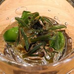 島津 - じゅんさい，スナップエンドウ，アワビのえんがわ