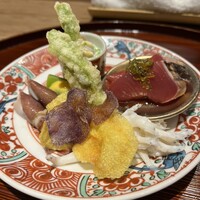 京味 もと井 - 八寸　初鰹　白魚、ホタルイカ　ふきのとう天ぷら　白和え