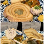 Toridashi Oden Nerimon - 出汁が染み渡る車麩、鶏つくね、春菊のさつま揚げ、ちくわ、