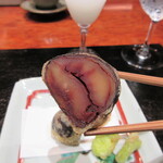 草庵 鍋島 - 栗の渋皮煮をビール入り衣で揚げて