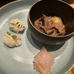 つきじ 文化人 - 店主お薦め三点盛り「筍ご飯」「肉じゃが」「お新香」