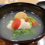 杢兵衛 - 海老芋に包まれた蕗のとうあられ揚げ
      徳島の伊勢海老　金時人参　菜の花の葛餡