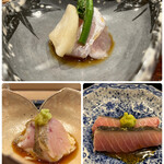 杢兵衛 - 八幡浜の白甘鯛　こごみ　かぶ　生姜重油
      山口のどぐろ　長芋
      山口よこわ