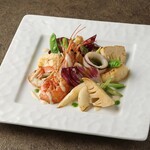 Peperoncino-style sauté of Mikawa shrimp, squid, and spring vegetables