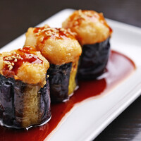 茄子の照り焼き海老団子のせ