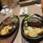 ステーキ&ハンバーグそして勝揚げ 肉山 - ステーキとハンバーグと3つの調味料