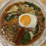 Sousaku Kafe Dainingu Teppanya - はこ豚ソーセージと菜の花のあんかけパスタ