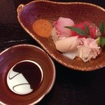 日本料理 澤田 - お造り(鯛の昆布〆・キハダマグロ・雲丹の烏賊巻)