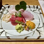 Fukui Bouyourou - お造り盛合せ つぶ貝 平目 しまあじ 白甘鯛 鮪 雲丹