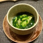 Higashiyama Tsukasa - 蕎麦蒸し　牡蠣　ホワイトアスパラ　そら豆　新海苔の餡　