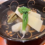 銀座 しのはら - 御碗　筍　伊勢海老唐揚げ　帆立真薯　うぐいす菜　ぜんまい