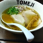Ramen Tomeji - 塩らぁ麺　伊吹いりこ(￥900)。お店をかなりはしごするので半麺にしてますw