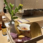 銀座 しのはら - 先付:貝寄せ-赤貝•ミル貝•ウルイ•ムラサキウニ•クルマエビの煮こごり