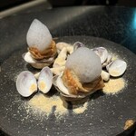 VELROSIER - 揚げワンタン　蛤　オイスターソース　ふきのとう
      泡は貝の出汁から