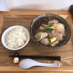 Raxamenkamonohairo - 鴨らぁ麺 醤油+鴨ワンタン+ランチサービスライス