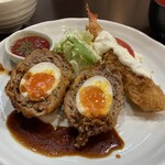 洋食 小林 - スコッチエッグ定食　エビフライ付き