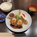 洋食 小林 - スコッチエッグ定食　エビフライ付き