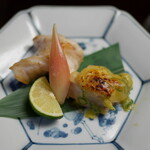 螢 - 焼物：丹波地鶏の葱味噌焼き（西京味噌）焼き魚 酢取り野菜