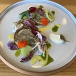 Changérer - 前菜です♪ 農林高校の鶏肉に荒島ポークが巻いてあります♪ ワトム農園の野菜もあります♪